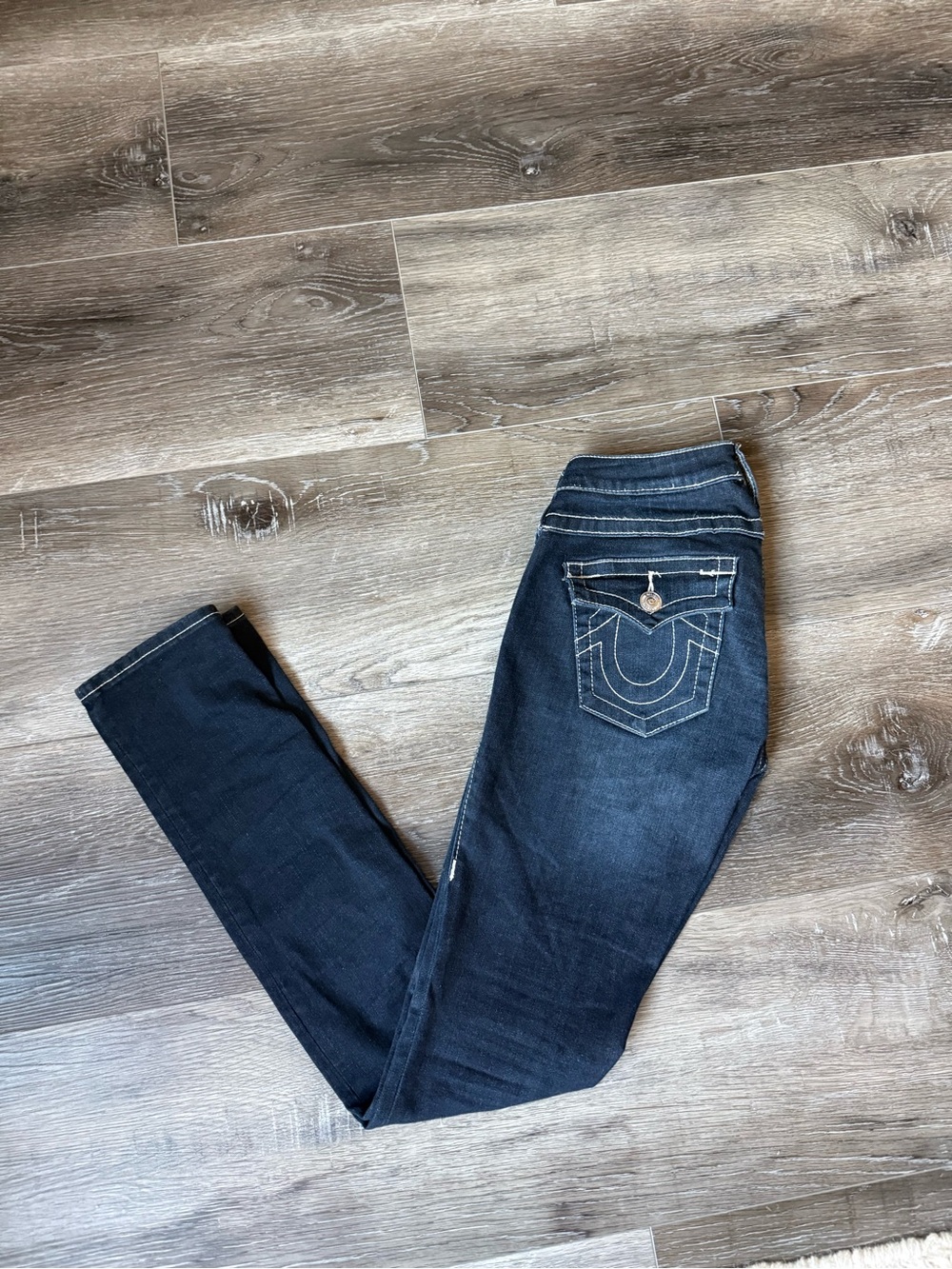 True Religion Women's Dark Indigo Skinny Jeans with Contrast Stitching